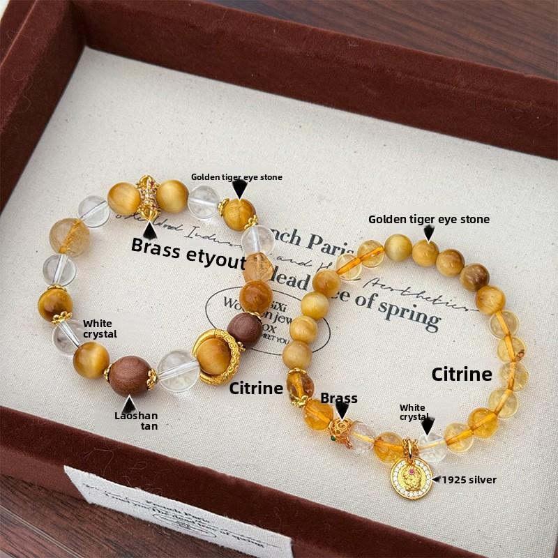 Exquisite Versatile Golden Tiger Eye & Clear Crystal Vajra Pestle Beaded Bracelet, Light Luxury High-End Hand Jewelry