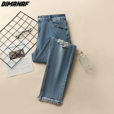 DIMANAF 2022 Summer Jeans Long Pants Women Elastic Ripped Hole Basic Pants Loose Casual Denim Female Casual Lady Trousers Pants