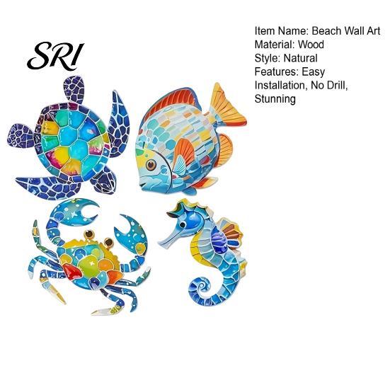 Sun-proof Outdoor Wall Art 4 Pcs Wooden Beach Decor Colorful Sea Turtle Fish Crab Seahorse Garden Decorations Sculptures Ocean Theme for Fence