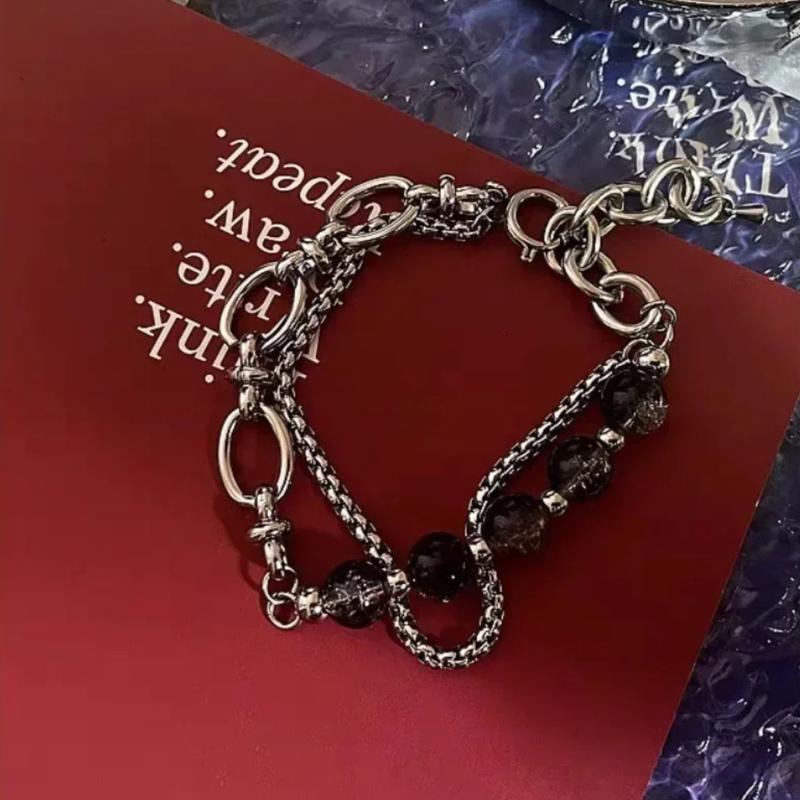 Retro Black Cracking Beads Bracelet for Men Women Stainless Steel Double Layered Chain Fashion Hip-pop Jewelry Hand bracelet
