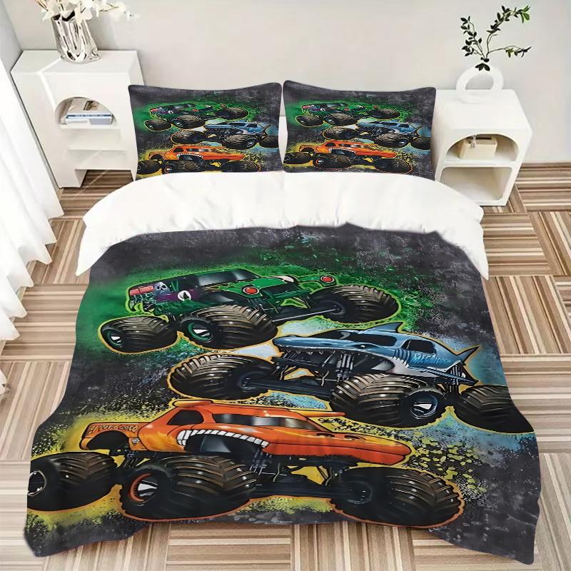3 szt. Zestaw pościeli Dekoracja domu Monster Truck - Uniwersalny trzyczęściowy komplet do sypialni, pokoju gościnnego, salonu, hotelu - Idealny prezent dla fanów, Trav