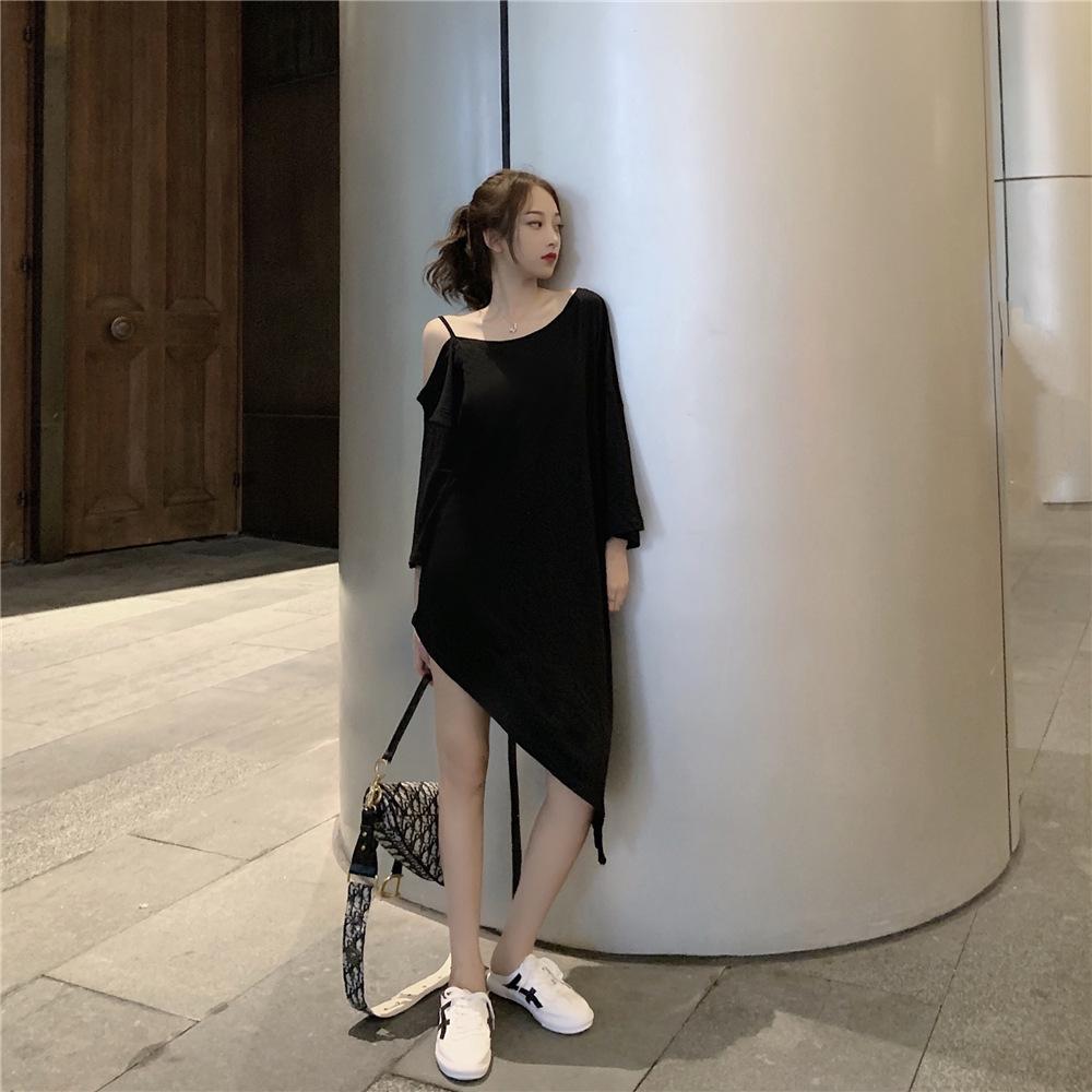 Inclined Shoulder Mid Length Dress Fashionable Summer Loose Korean Large Slip Dress Fashionable Women's Dress