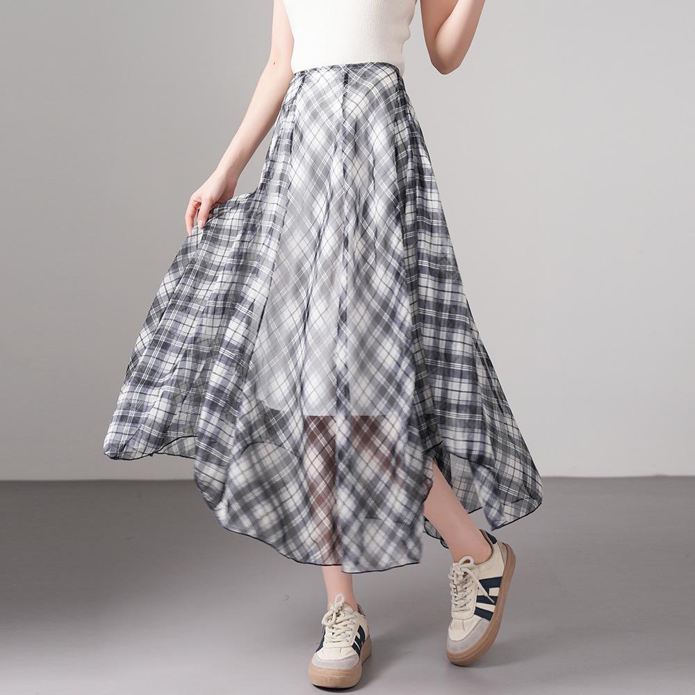 Plaid Asymmetrical Draped Chiffon Midi Skirt with Irregular Hem