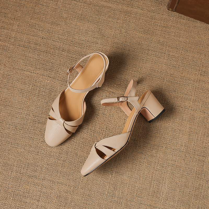 Krazing Pot Sheep Skin Med Heels European Design Summer Size 40 Round Toe Circle Buckle Straps Women Pumps