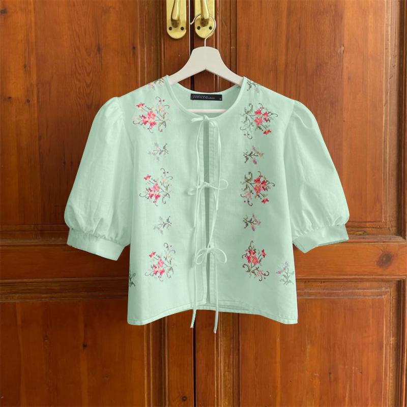 ZANZEA Women Casual Short Sleeve Floral Print Lace Up Cover Up Blouse