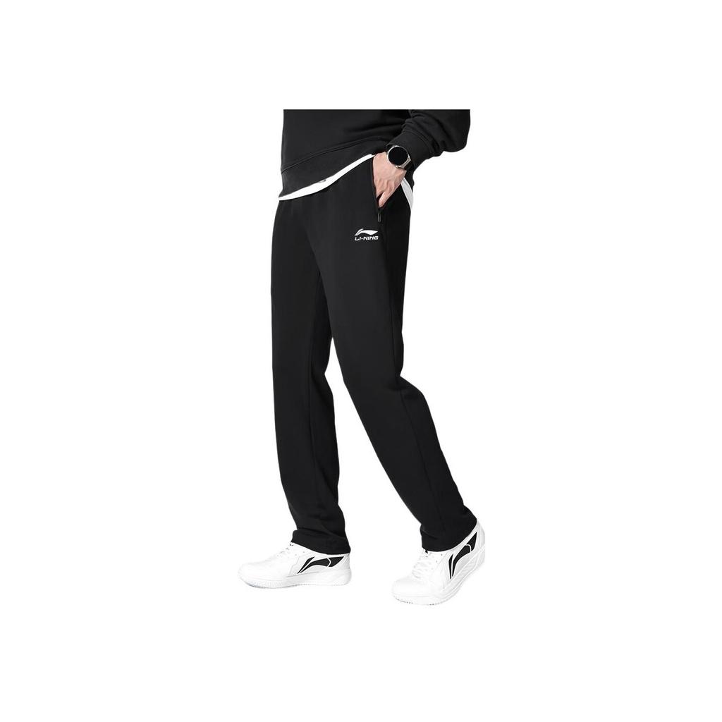 Li Ning Sports Loose Embroidered Logo Knitted Straight Leg Casual Pants Men Bottoms Black AYKT391-1