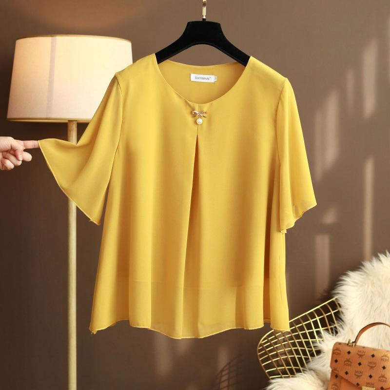 Obesity Women Chiffon Blouses Plus Size 6XL Summer Short Sleeve Loose Solid Shirts Tops Blusa De Talla Grande