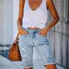 Damen Sommer Einfarbig Mittelhoch Washed Zerrissen Denim Shorts Gerade Stretchlos Fünf-Punkt-Hose