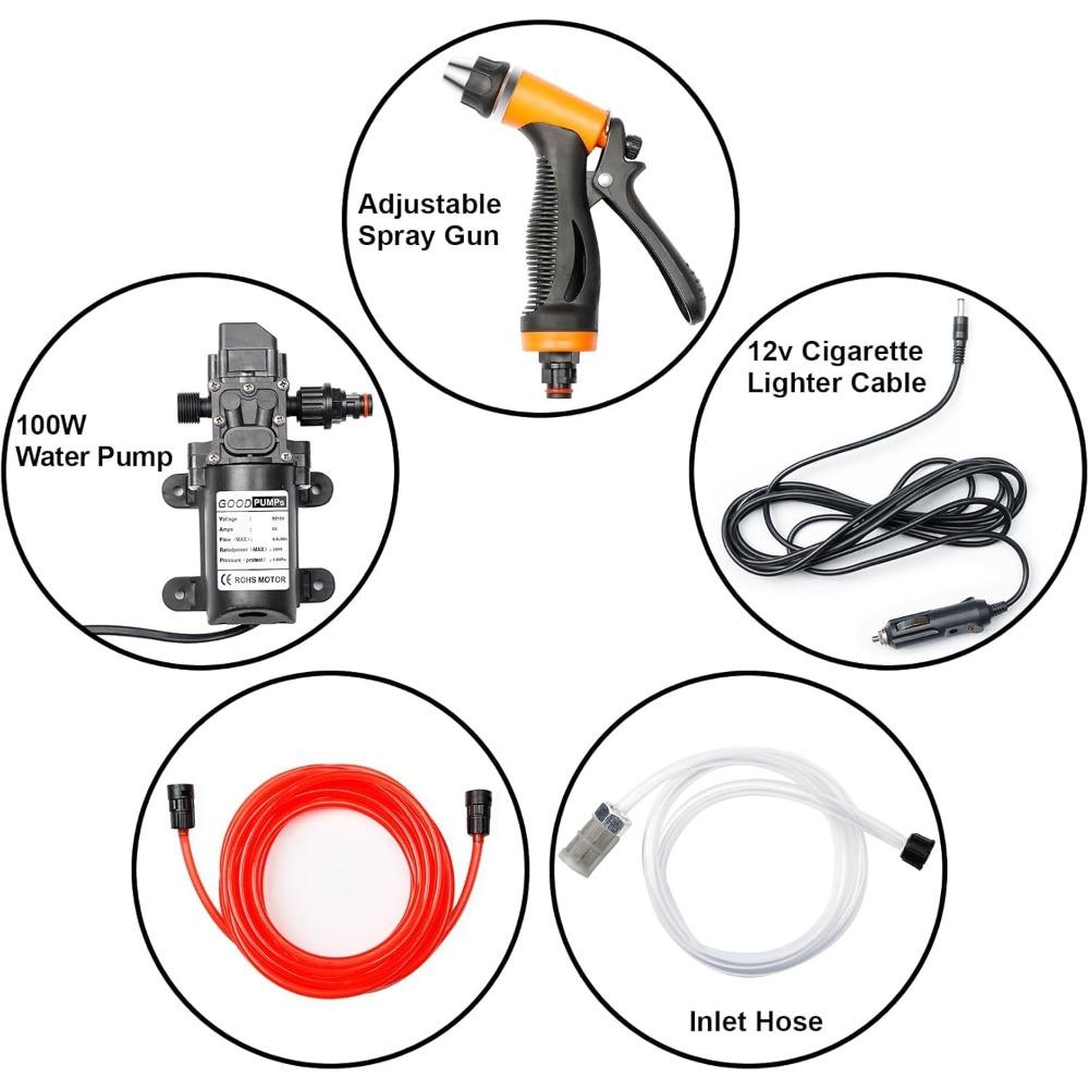 Portable Intelligent Electric Pressure Washer Pump 100W 160 PSI 12V Portable Pressure Powerful Washing Kit with 21.3 Feet PVC Ho