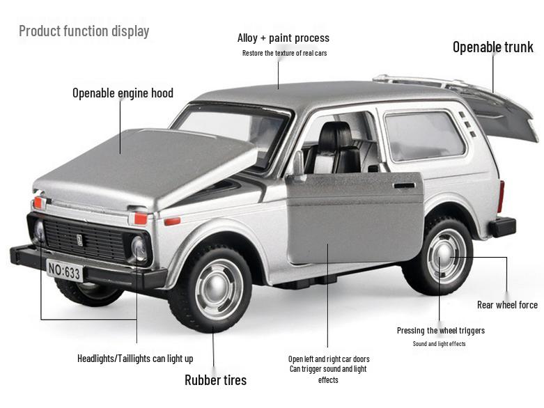 Boxed 1:32 Lada Jeep Alloy Car Model Toy with Pull-Back, Sound, and Light.