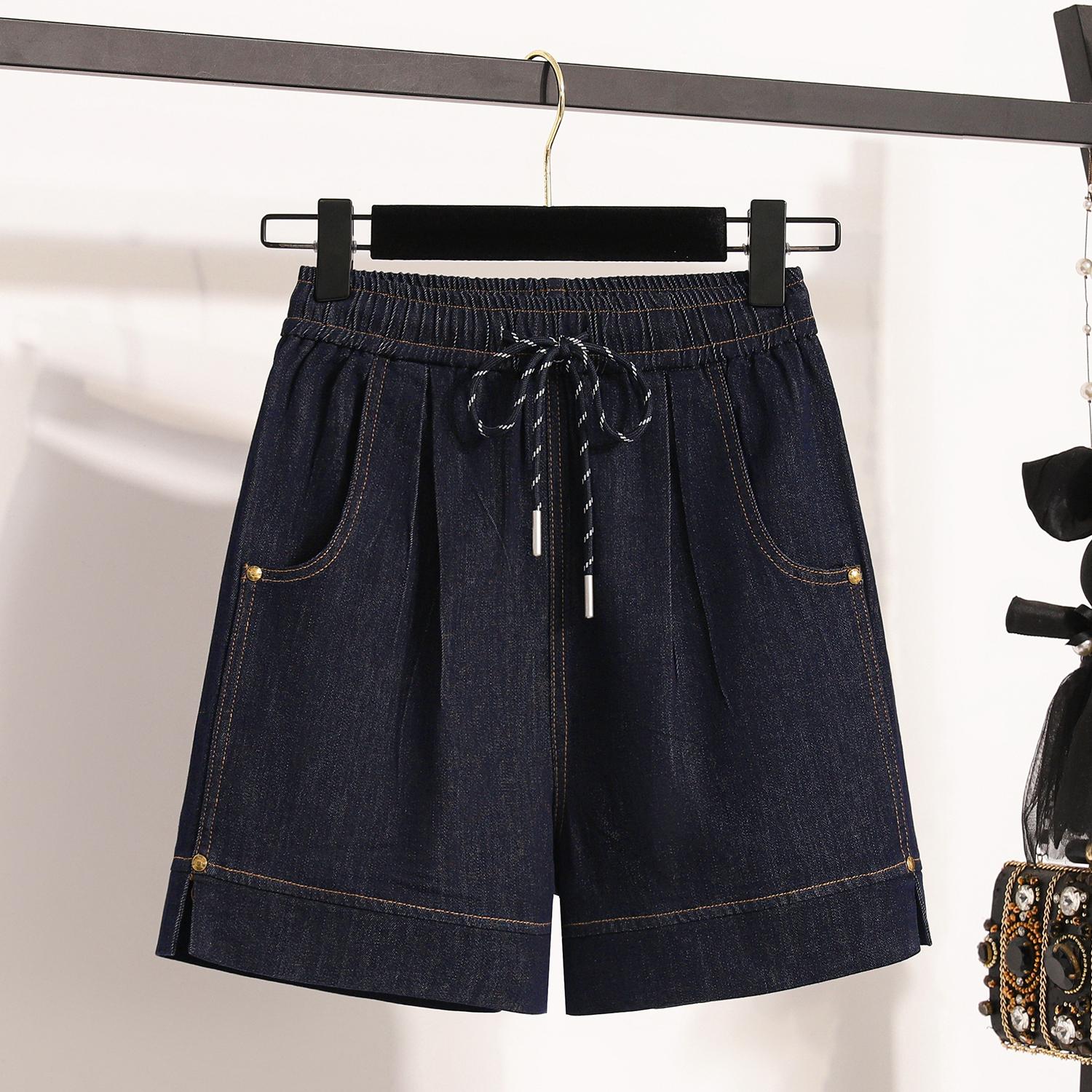 

DIMANAF Plus Size 2026 Women Shorts Pants Summer Loose Jeans Short Basic High Waist Pockets Pants Elastic Waist 5XL темно-синього кольору