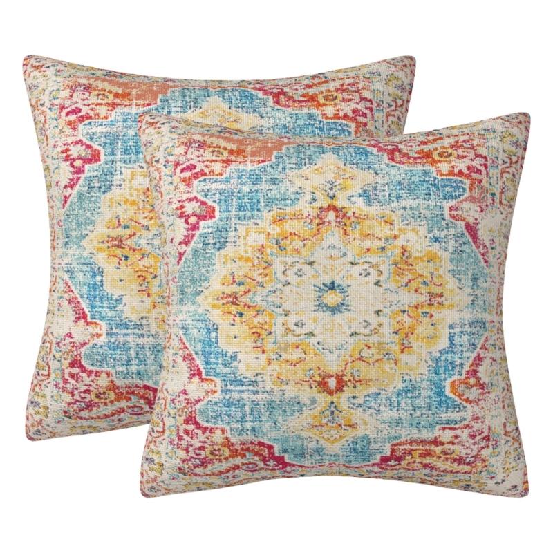 Set Of 2 Bohemian  Pattern Throw Pillow Case 18x18inch Soft Pillowcover for Indoor and Outdoor Use