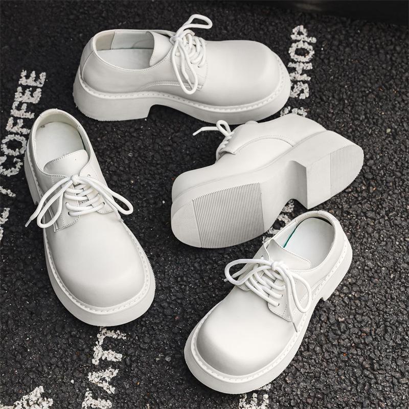 Platform single shoes men's spring and autumn round head lace-up middle heel muffin men's shoes work black small leather shoes 9522-J