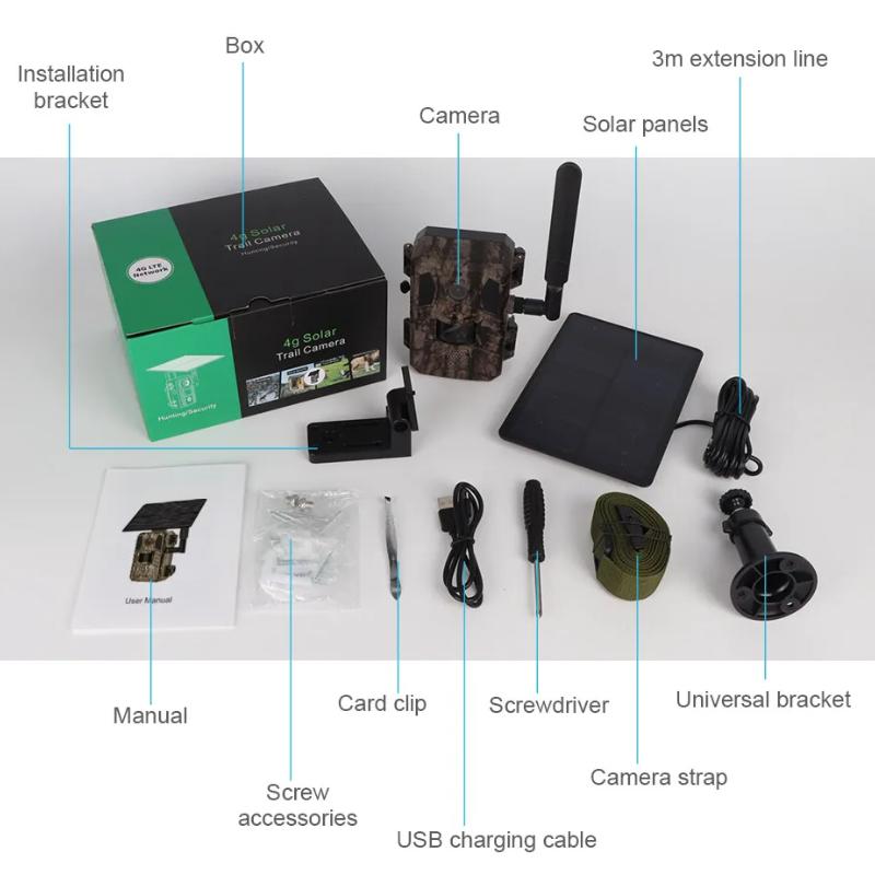 2025 Solar Jagd-Trailkamera 14MP 4G SIM-Karte IP66 Wasserdicht 2-Wege-Gespräch 20M PIR Bewegungserkennung Wildkamera IR Nachtsicht