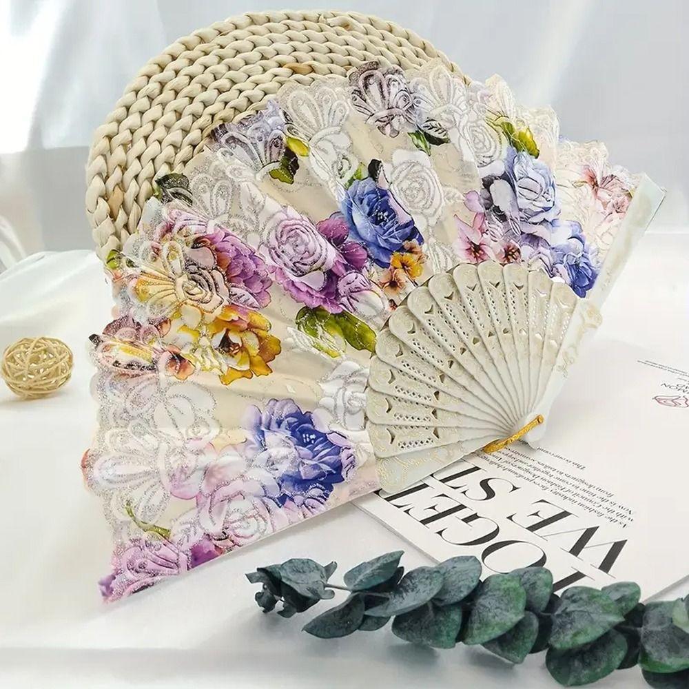 Handheld Embroidery Fan Plastic Chinese Folding Fan Flower Lace Fan Summer