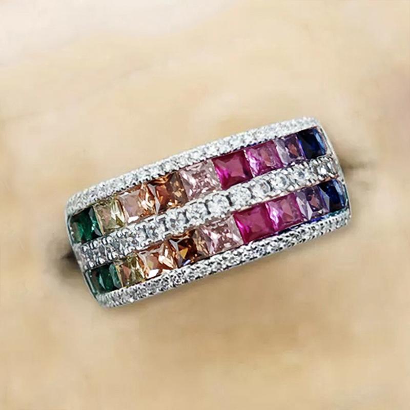 

Huitan Rainbow Color Cubic Zirconia Rings Women for Engagement Wedding Party Sparkling Colorful Female Rings Fashionable Zircon 6