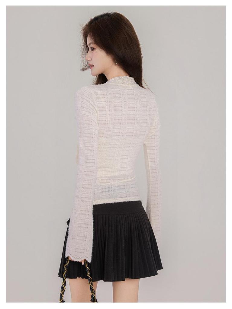 Women's Spring High Neck Lace Base Layer Tee, Slim Fit Long Sleeve Top, Unique and Stunning