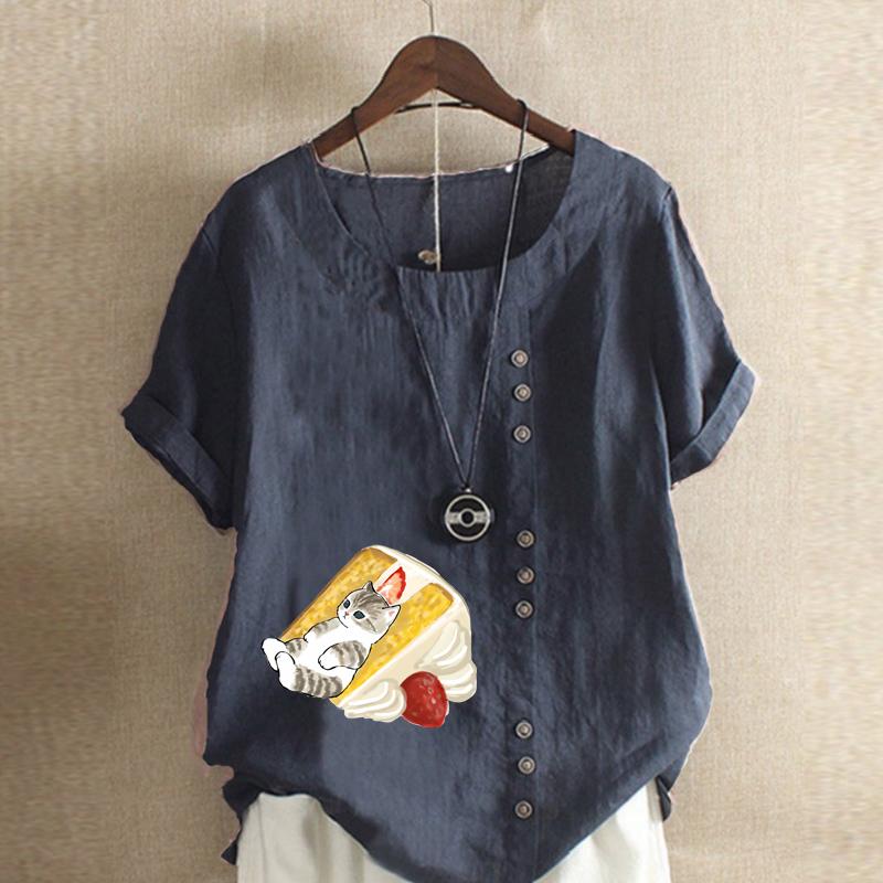 Women's Fashion Bread Cat Prined Short Sleeve T-shirt Loose Cotton Shirt Casual Loose Summer Blouse Tops Plus Size