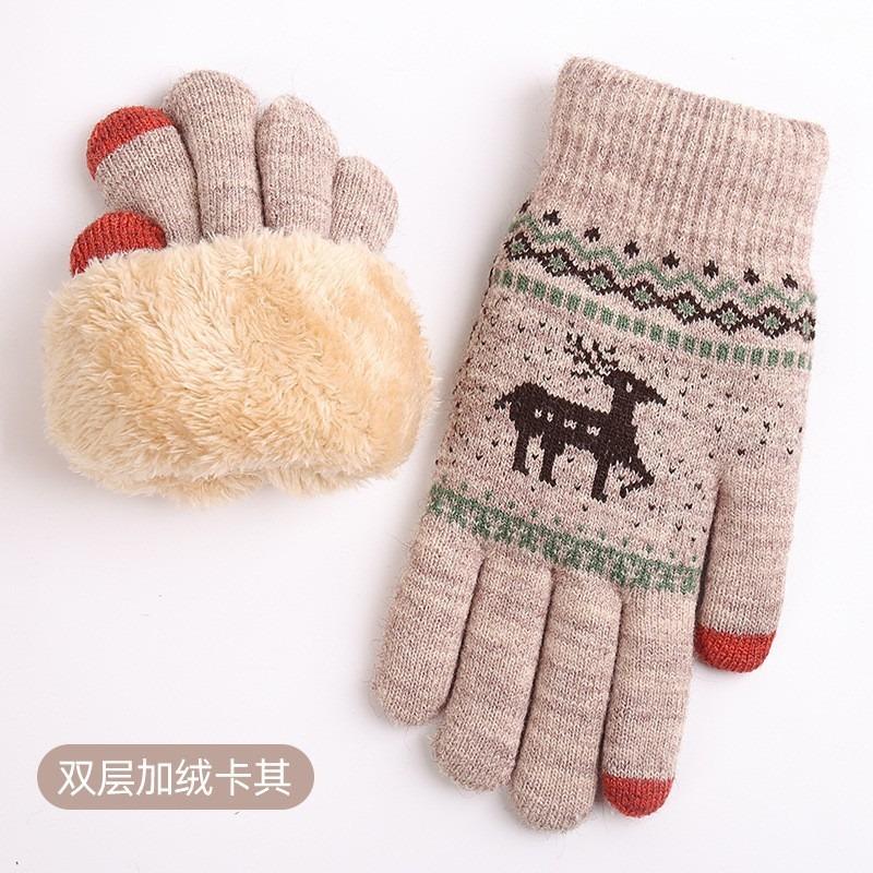 Knitted gloves, women's autumn and winter warm outdoor cycling cold-proof double-layer velvet thickened, touch screen gloves