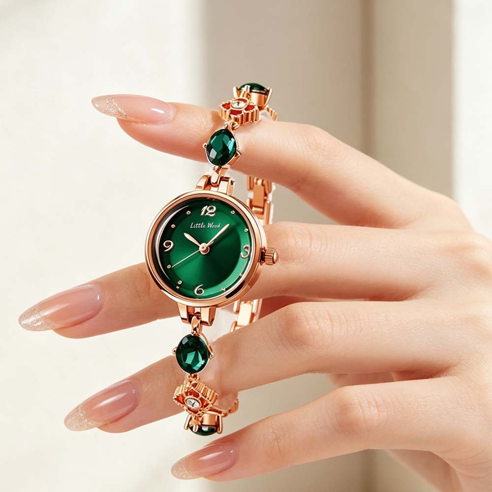 Little Wood New Women's Quartz Watch Emerald Green Niche and Trendy Women's Watch Gift Student-Friendly Water-Resistant Watch
