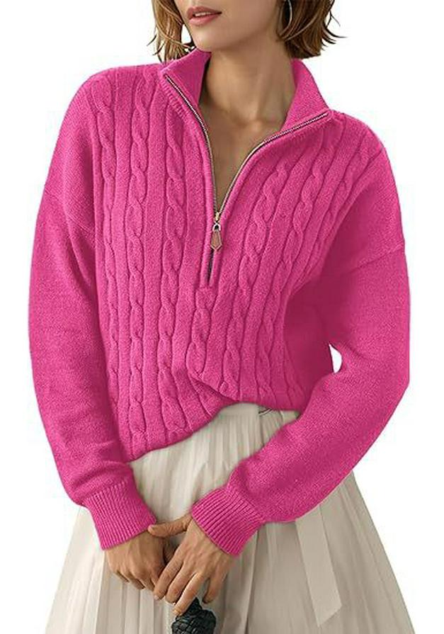 Women's Half-High Collar Zipper Ribbed Knit Pullover Sweater, Short-Sleeve, Loose Fit, 2025 Autumn/Winter Collection.