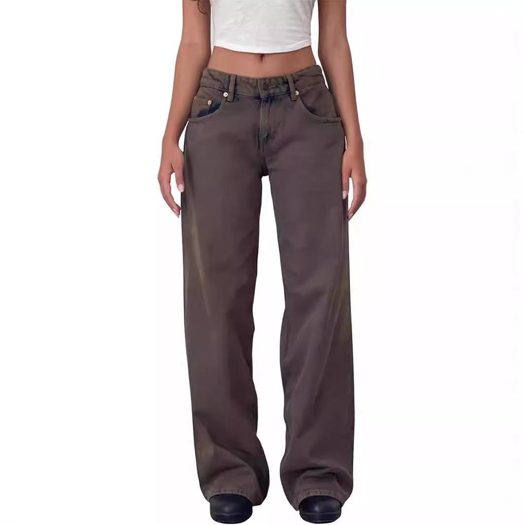 Women's Retro Low Waist Straight Leg Jeans - Washed Denim Wide Leg Pants for Autumn