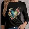 Tops For Women Love Shaped Flower Butterfly Print Round Neck Long Sleeve T-shirt Fall Casual Slim Pullover Women's Long Sleeve Top