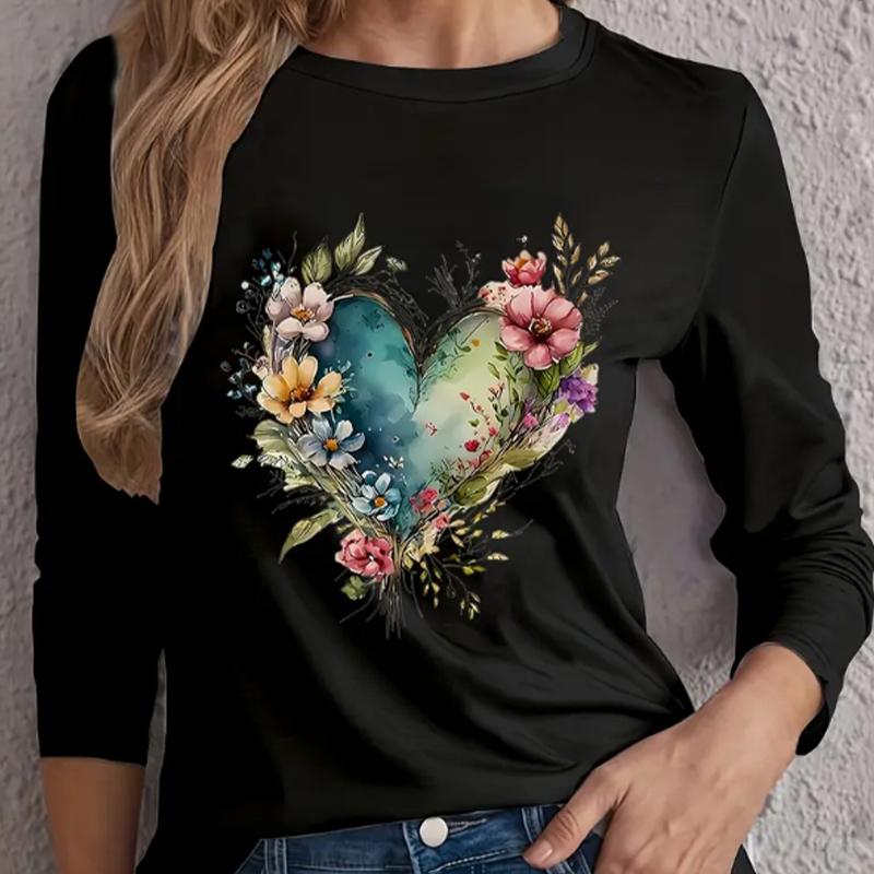 Tops For Women Love Shaped Flower Butterfly Print Round Neck Long Sleeve T-shirt Fall Casual Slim Pullover Women's Long Sleeve Top