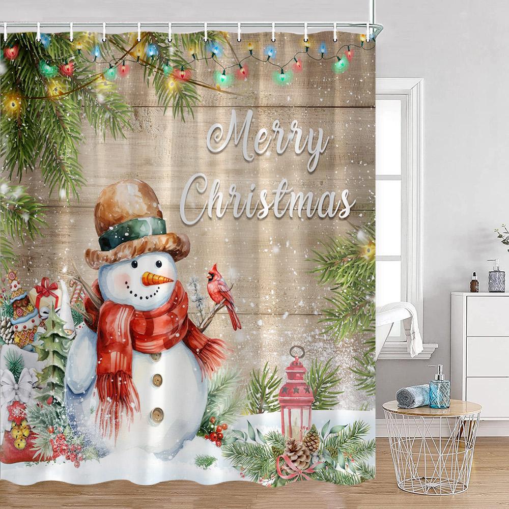 Christmas Snowman Happy New Year Shower Curtain Merry Christmas Winter Snowy Snowflake Pine Bathtub Decor Polyester Bath Curtain