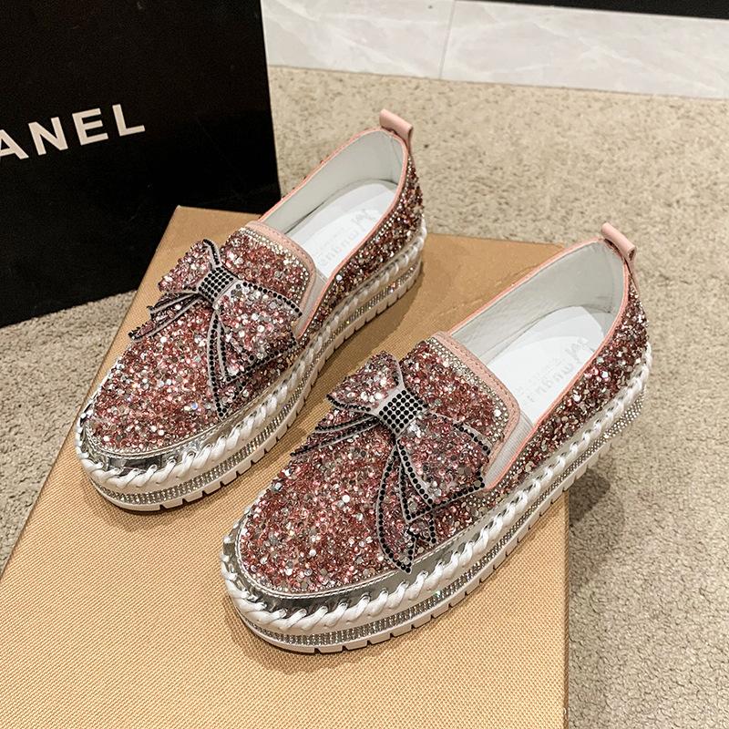 Womens Loafers Shoes Casual Female Sneakers Slip-on Crystal Round Toe Modis Bow-Knot Flats Rhinestone Platform Women's Sneakers