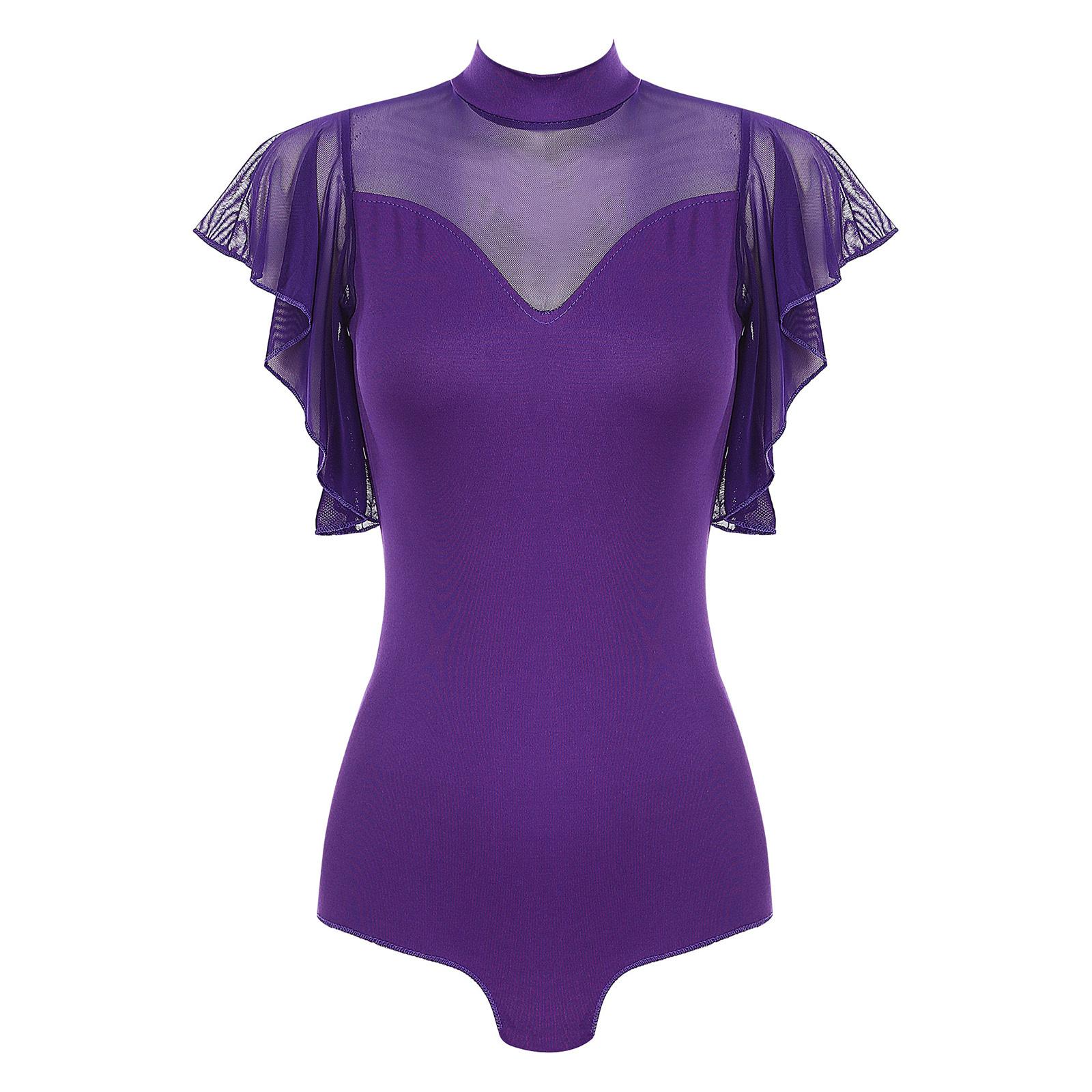 

Жіночий латиноамериканський купальник з рюшами, сітчастими короткими рукавами, дизайном з імітацією горловини, самозав язкою та вирізом-краплею на спині, боді для сценічних виступів M фіолетовий