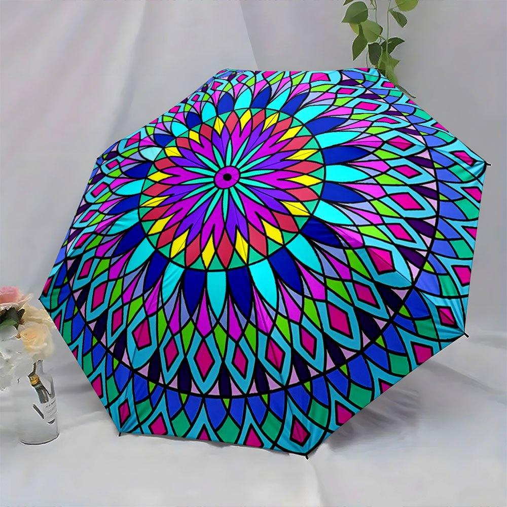 Automatic Folding Umbrella A Vibrant Mandala Design with Geometric And Floral Patterns. Portable Collapsible Design, Casual Ou
