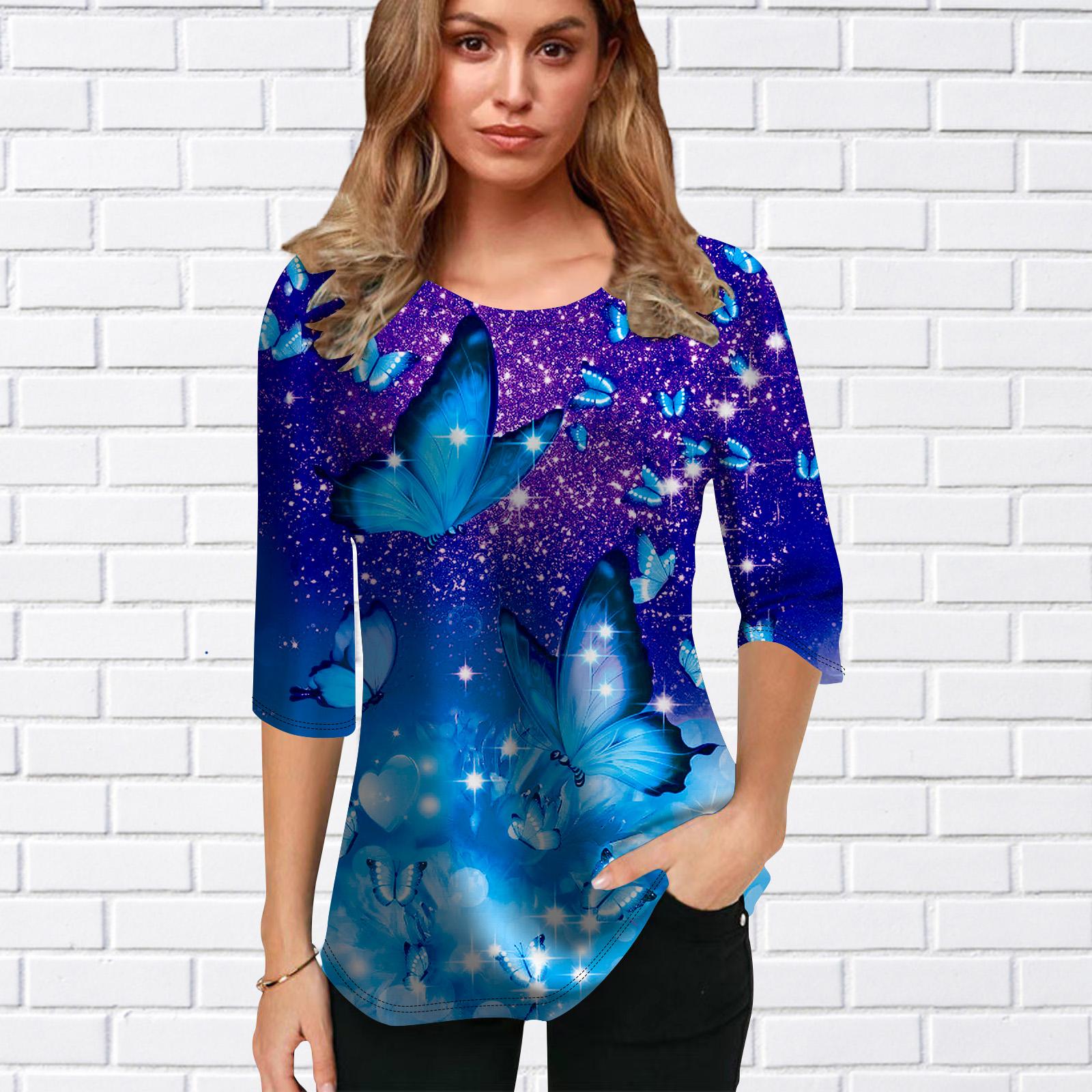 

Женская блузка с 3D-принтом в виде флуоресцентной бабочки, цветочные топы с коротким рукавом, летние повседневные топы, футболка с круглым вырезом и коротким рукавом 8XL светло-синий