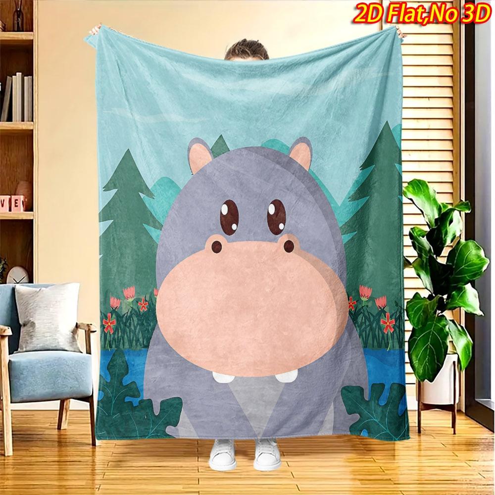 1pc 2D Flat Printing Spring And Summer New Arrival Cute Hippopotamus Theme Digital Print Blanket, All-Season Use, Casual Throw, 100% Polyester Fiber S