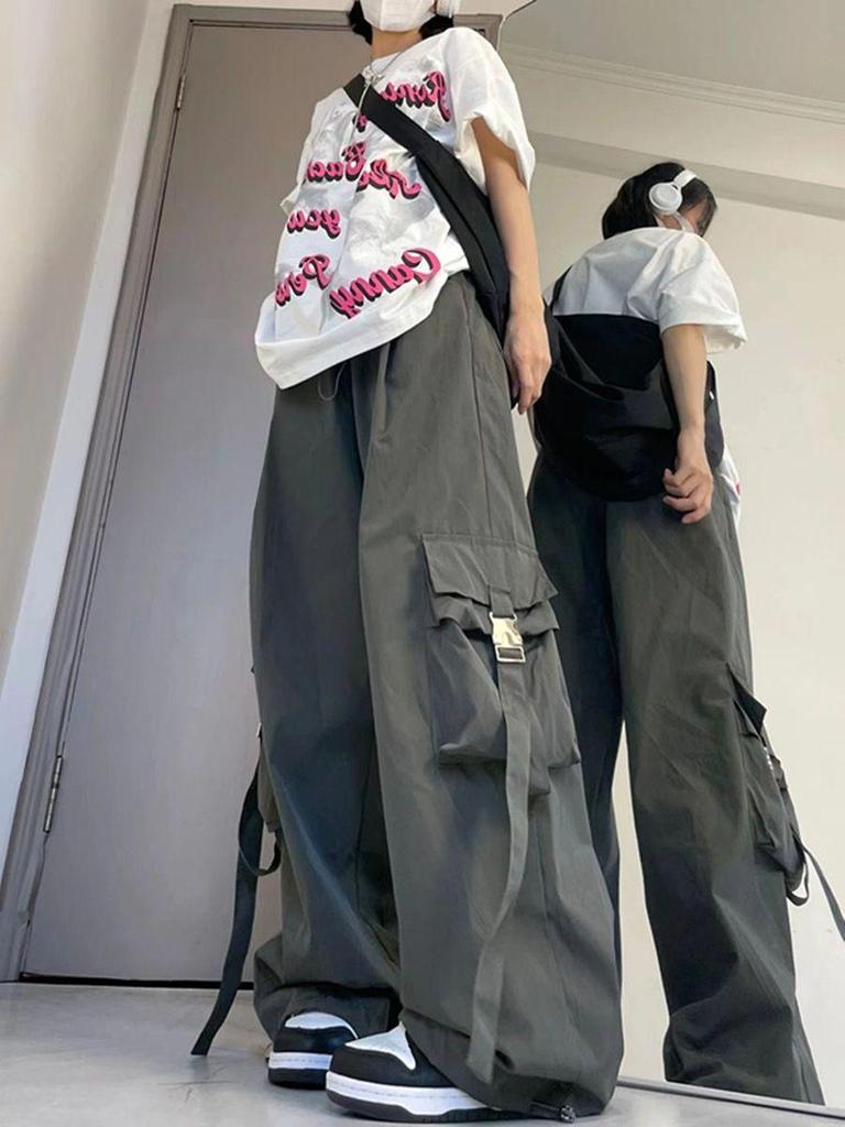 Southeast Asia Exclusive: Women's American Street Style Cargo Pants with Large Pockets and Ribbons