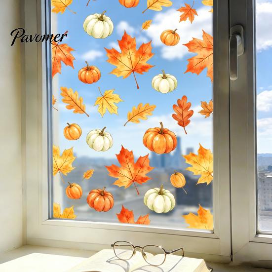 Waterproof PVC Window Art Watercolor Fall Static Clings, Maple Leaf & Pumpkin Removable Stickers, Autumn Seasonal Wall Decor Decal for Thanksgiving