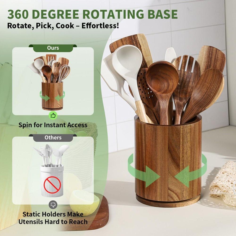 360° Rotating Cutlery Holder Wooden Storage Rack New Kitchen Utensil Holder  Countertop Use