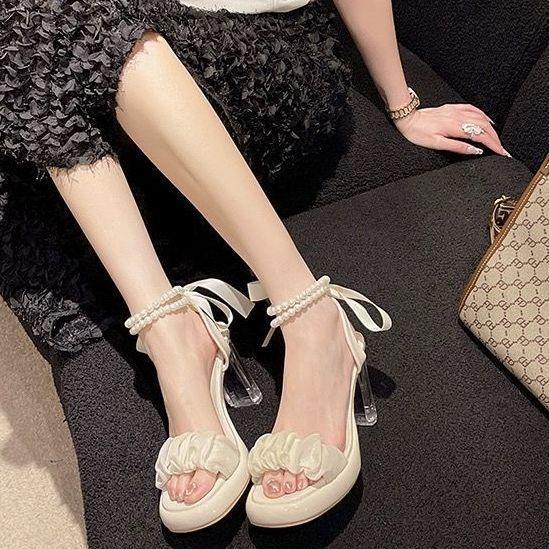 Transparent Heel High Heels Fashion Shoes Fairy Chain Summer Temperament Pearl Non-slip Versatile Women's Skirt Sandals
