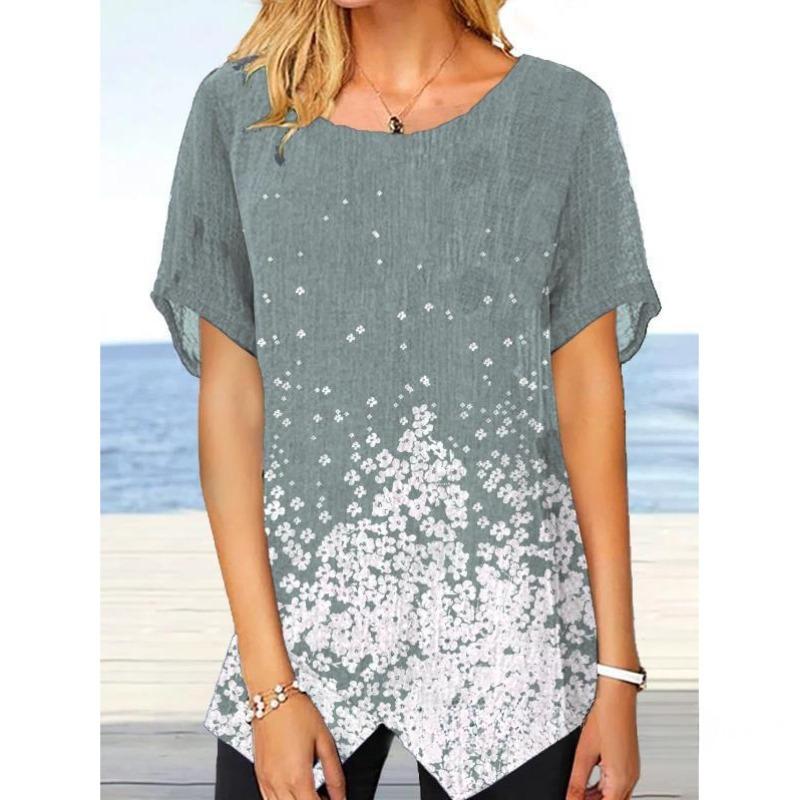 

Летняя новая футболка с коротким рукавом, круглым вырезом, разрезом по низу, из хлопка и льна, с принтом, приталенного кроя 3XL серый