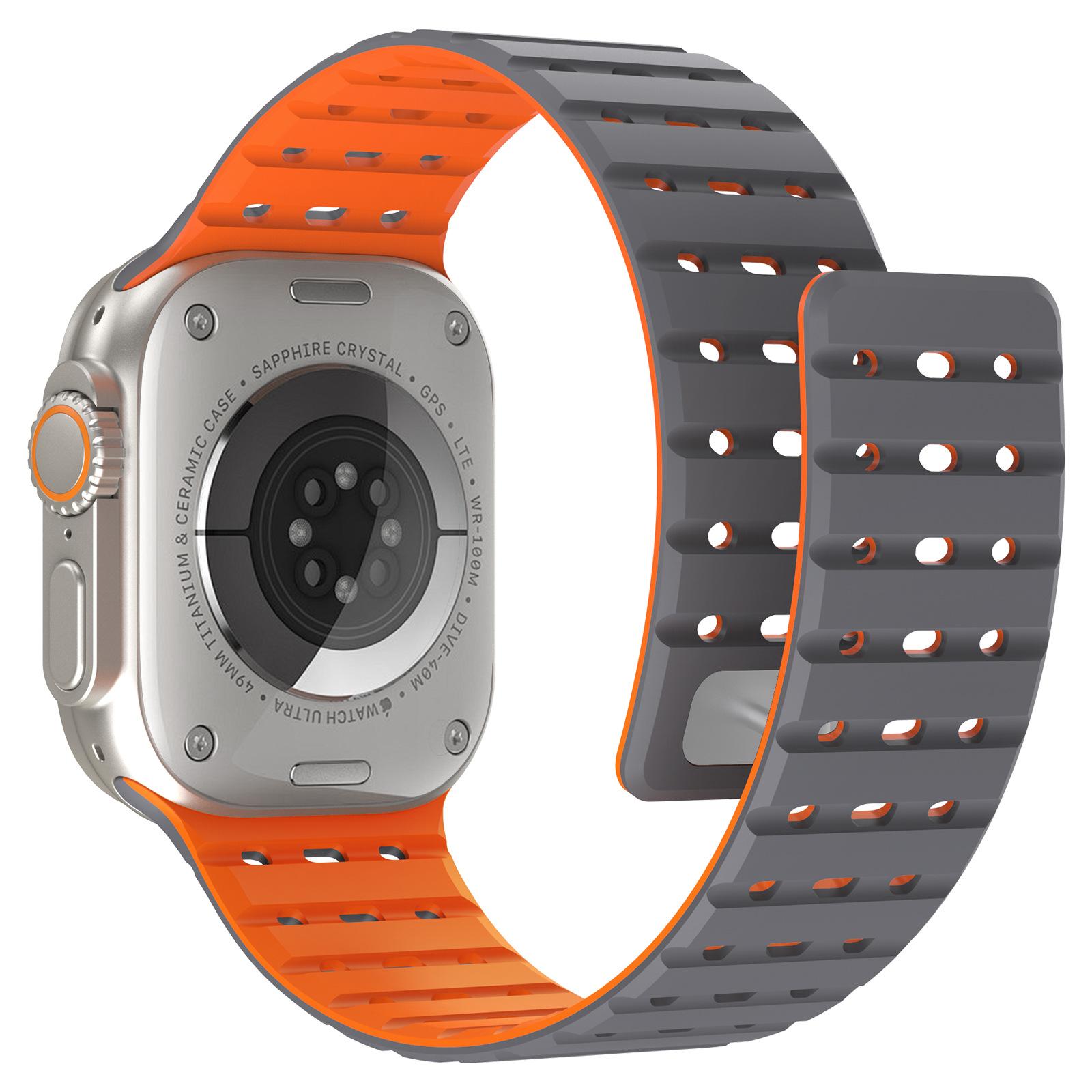

AHASTYLE WE33 Watch Band For Apple Watch Series 10 Ultra 9 8 7 SE 6 5 4 3 2 1 46mm 49mm 45mm 44mm 42mm Magnetic Silicone Strap Grey+Orange