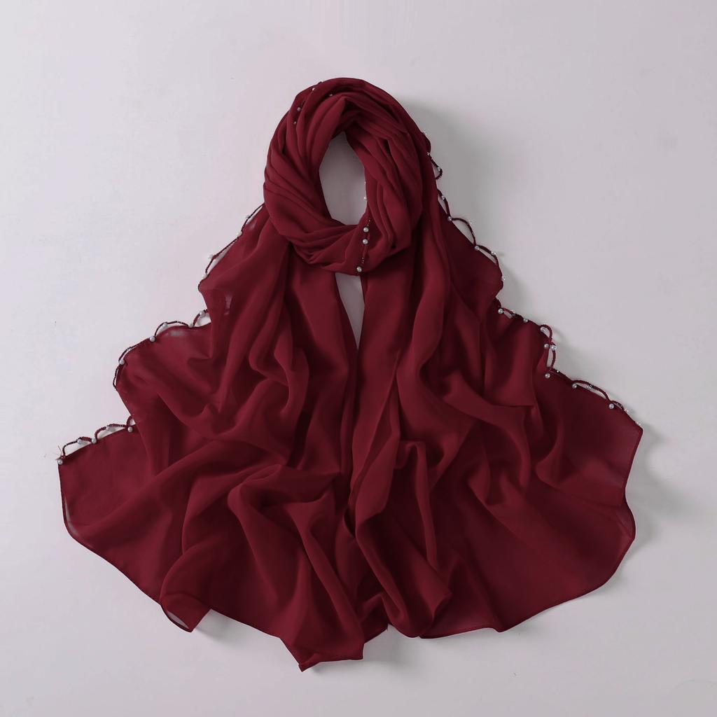 Pearl Edge Chiffon Hijab Scarf Women Muslim Long Shawl Soft Plain Head Wrap Beaded Border Lightweight Islamic Turban