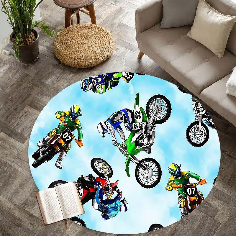 Motocross Riders Round Rug Flannel Adventure Sports Enthusiast Home Decor Racing Theme Carpet