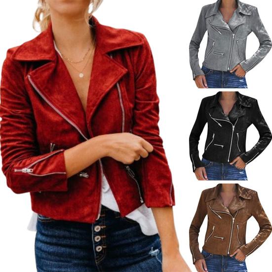 Women Fall Winter Jacket Zipper Closure Lapel Collar Regular Fit Solid Color Casual Shot Coat Long Sleeves Top Windbreaker