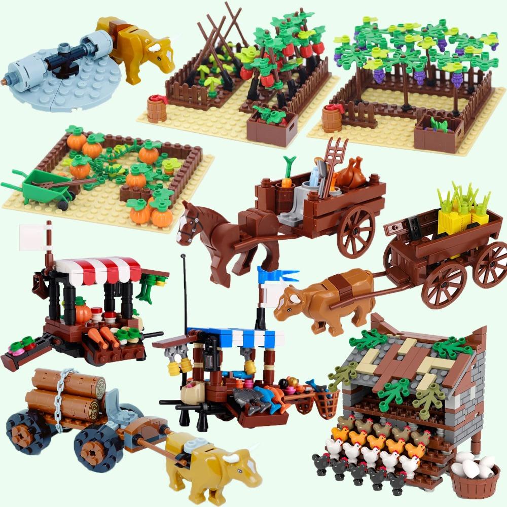 MOC Farm Set Stavebnice Plodina Rostlina Dýně Konírna Kráva Kruh Zvířata Město Pohled na ulici Kostky Model Hračky