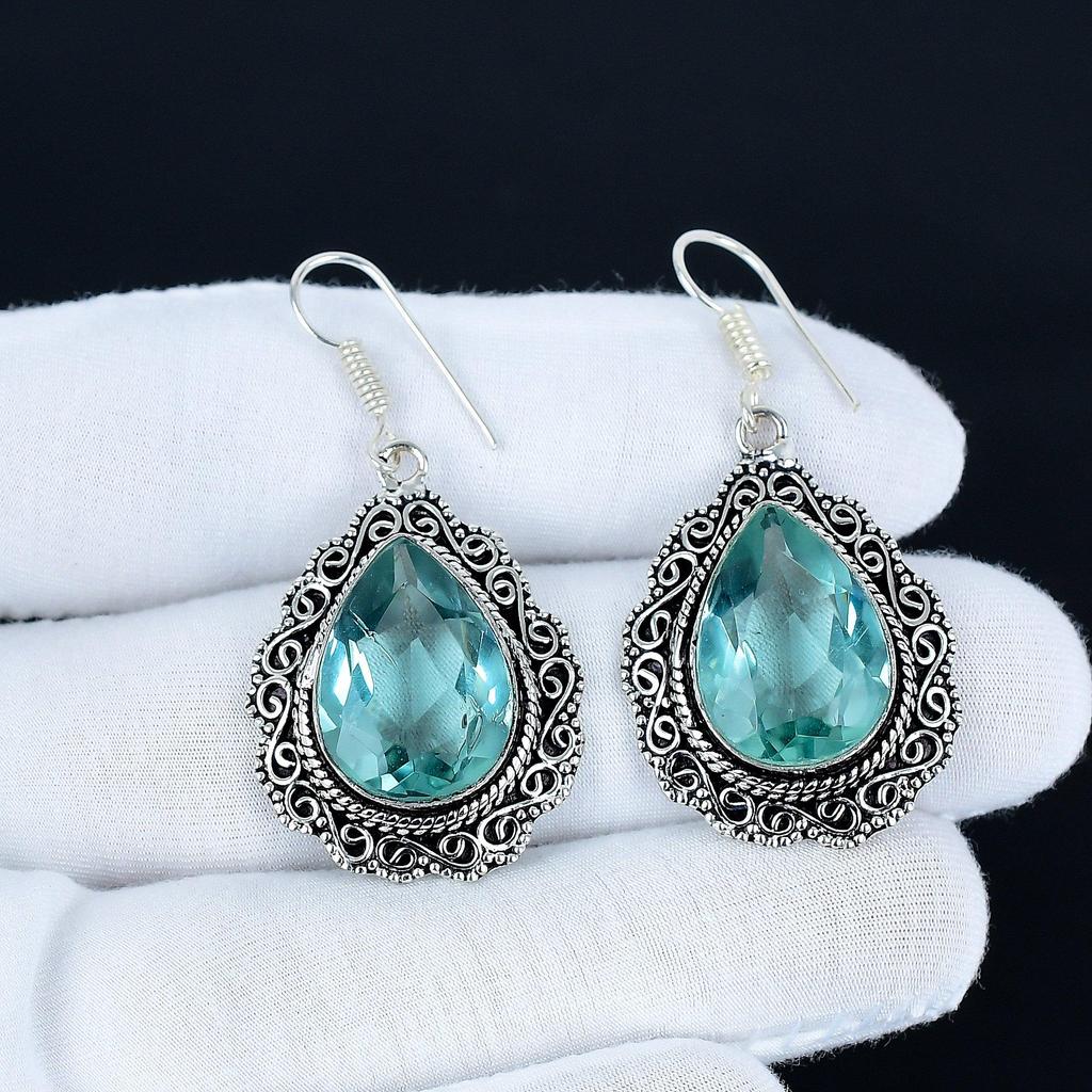 Aquamarine Gemstone Earrings, 925 Sterling Silver Earrings, Silver Earrings For Gift, Aquamarine Dangle Drop Earrings For Valentine's Day Gifts
