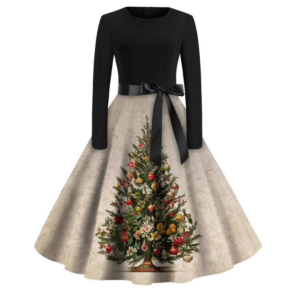 Rochie de damă la modă, rotundă, casual, slim fit, cu imprimeu de Crăciun, croială largă, cu mâneci lungi