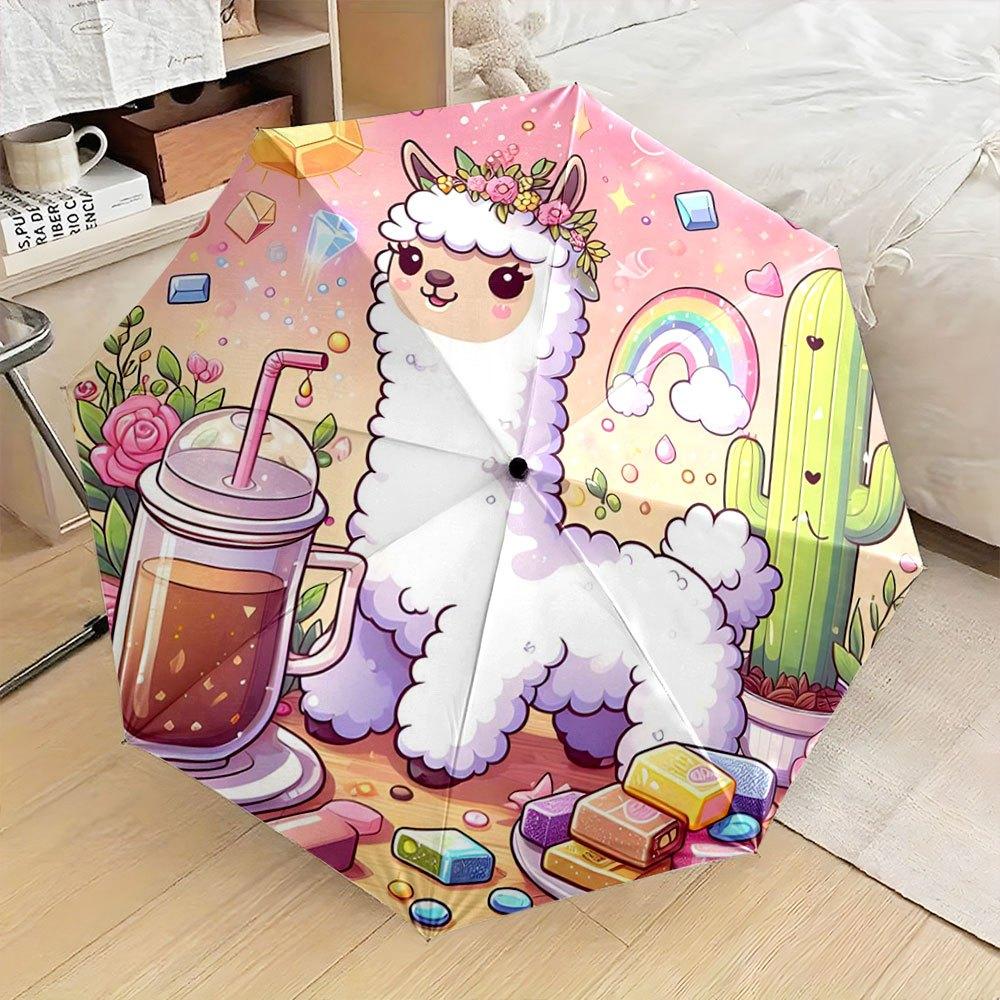 

A Portable Folding Umbrella Featuring a Vibrant Llama Design Adorned with Flowers And Playful Items, Perfect As a Creative Gif (as the picture,Iron&8K)