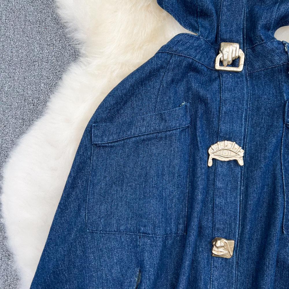 Retro Sleeveless A-Line Denim Dress with Turn-Down Collar and Cutout Waist