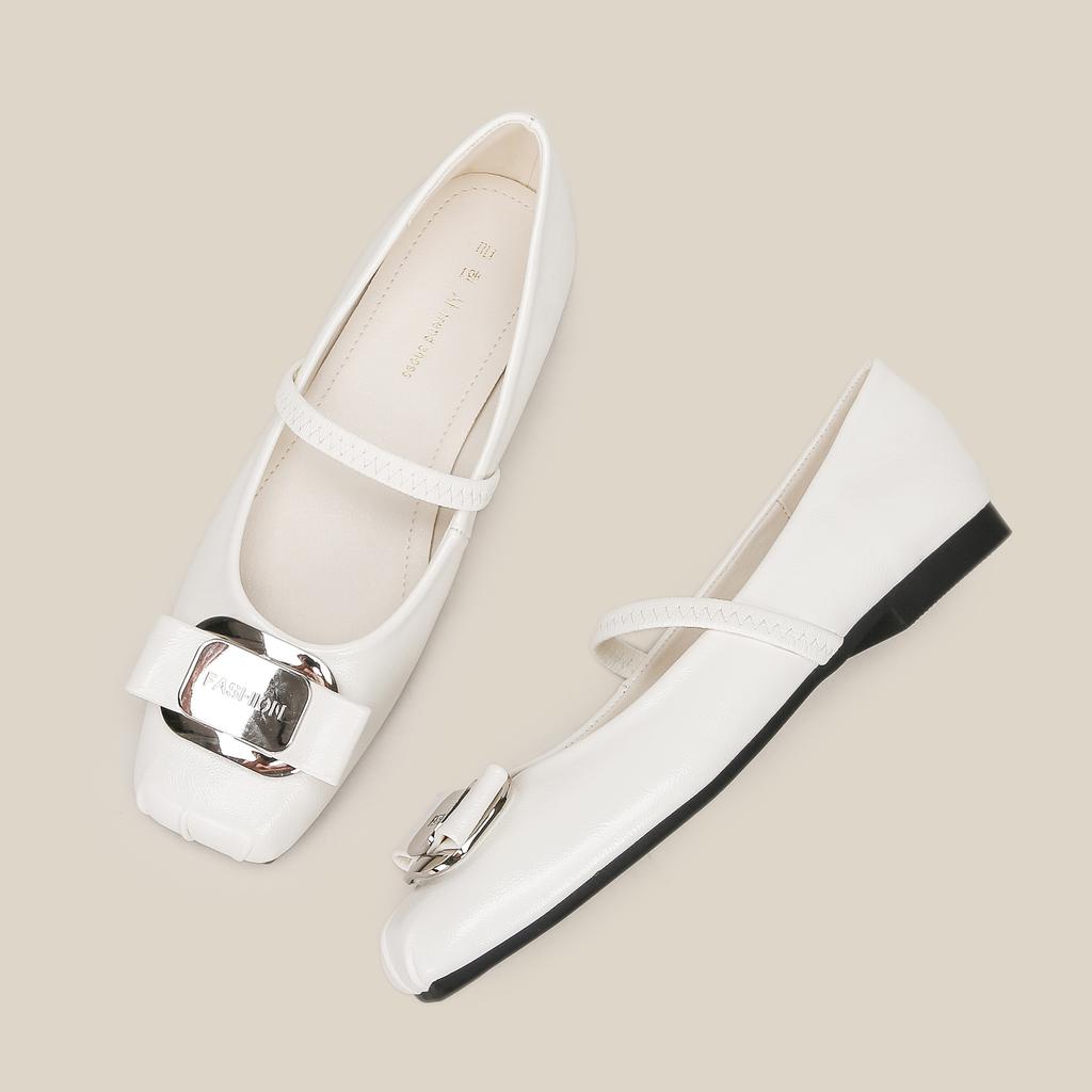 H83-5 Internet-Promi-Ballerinas mit weicher Sohle, bequeme silberne Damenschuhe mit Metallschnalle, Doudou-Schuhe Damen