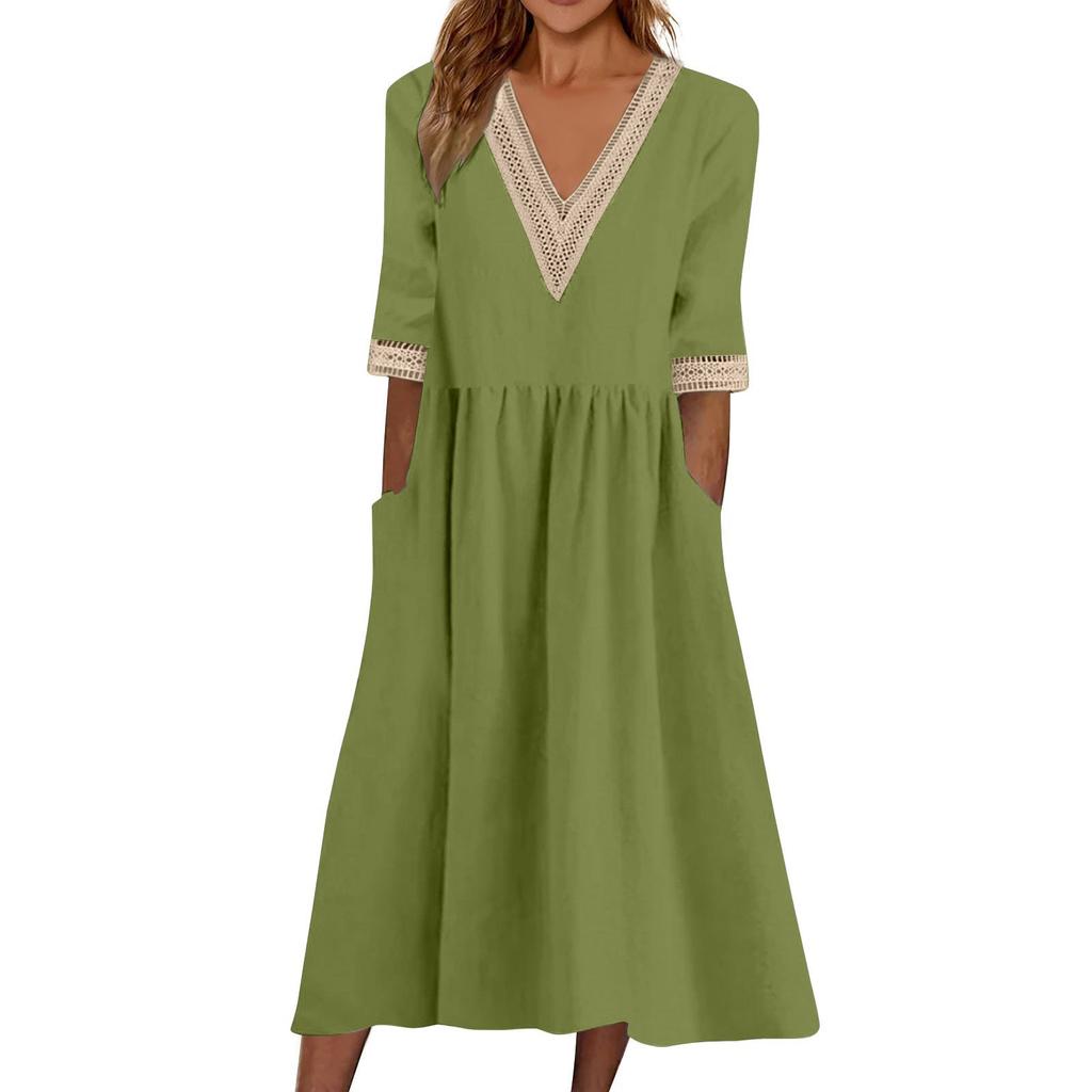 Women's Fashionable Casual Solid Color Short Sleeved Lace V-Neck Waist Cinched Dress